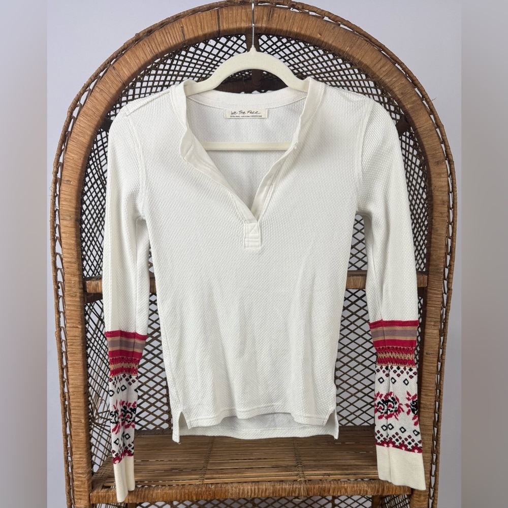Free People Mikah Layering Cuff Thermal Top XS Cream Combo Split Neck Boho EUC - Picture 4 of 7